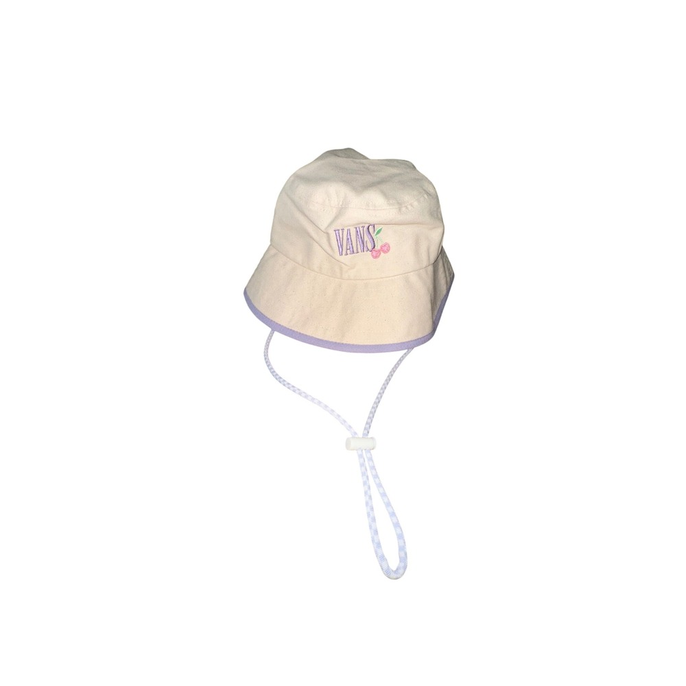 Vans Cream Canvas Bucket Hat Purple Trim Cherry Logo Adjustable Chin Strap